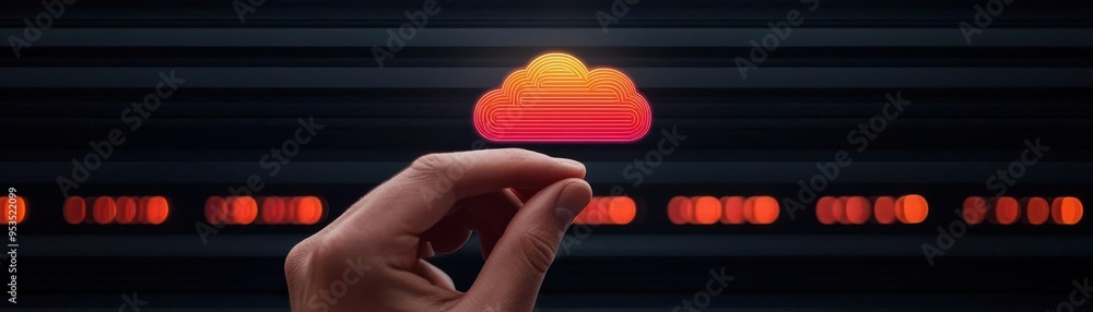 Poster cloud engineer optimizing network, hand gestures controlling holographic servers, high-tech visuals