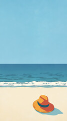 Obraz premium A lone sun hat rests on the pristine, sandy beach, with the turquoise ocean stretching endlessly beyond.