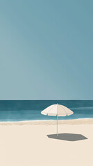 Fototapeta premium A Single White Umbrella Stands Tall on a Pristine Beach, Casting a Long Shadow on the Golden Sand, With the Calm Blue Ocean in the Background.