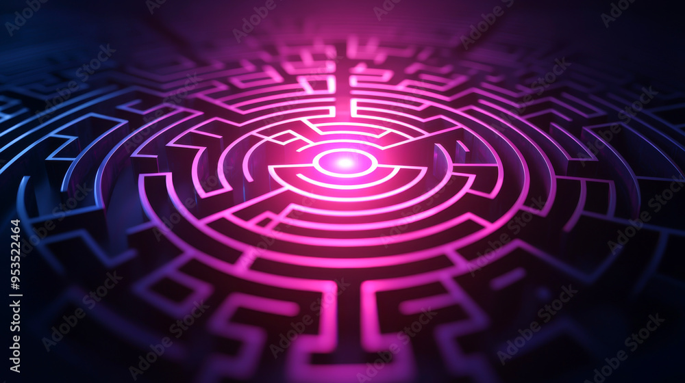 Poster a vibrant labyrinth design illuminated with purple light, creating a mysterious and captivating atmo