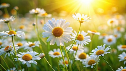 Fototapeta premium Beautiful chamomile flowers blooming in a meadow under the sun , chamomile, flowers, meadow, spring, summer, nature, daisy