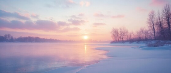 A winter sunset over a frozen lake