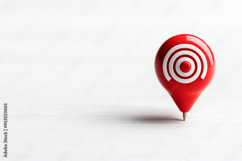 Poster a vibrant red location pin with a white circular target design, symbolizing precision and focus on a