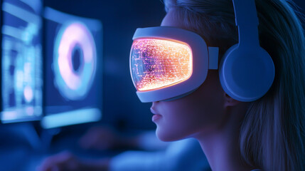 A woman wearing a futuristic VR headset, immersed in a digital world. Perfect for tech and gaming themes.