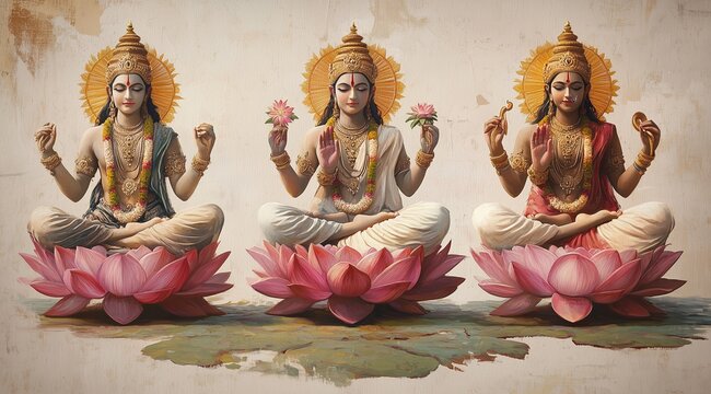 Traditional devotional art lakshmi saraswati parvati hindu goddess goddesses oil painting classical ancient India fashion beauty