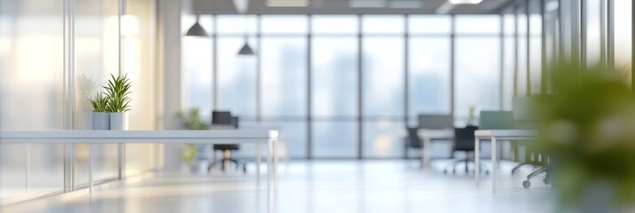The modern office space is characterized by bright windows that allow natural light to flood the environment, combined with a minimalist design that promotes functionality and efficiency