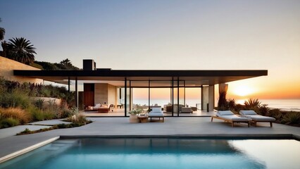 Obraz premium Modern Home with Infinity Pool and Ocean View at Sunset