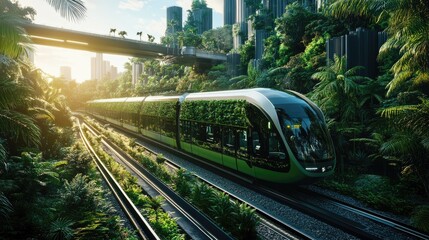Futuristic transit with green trains and lush vegetation, showcasing the blend of modern architecture and eco-friendly technology.