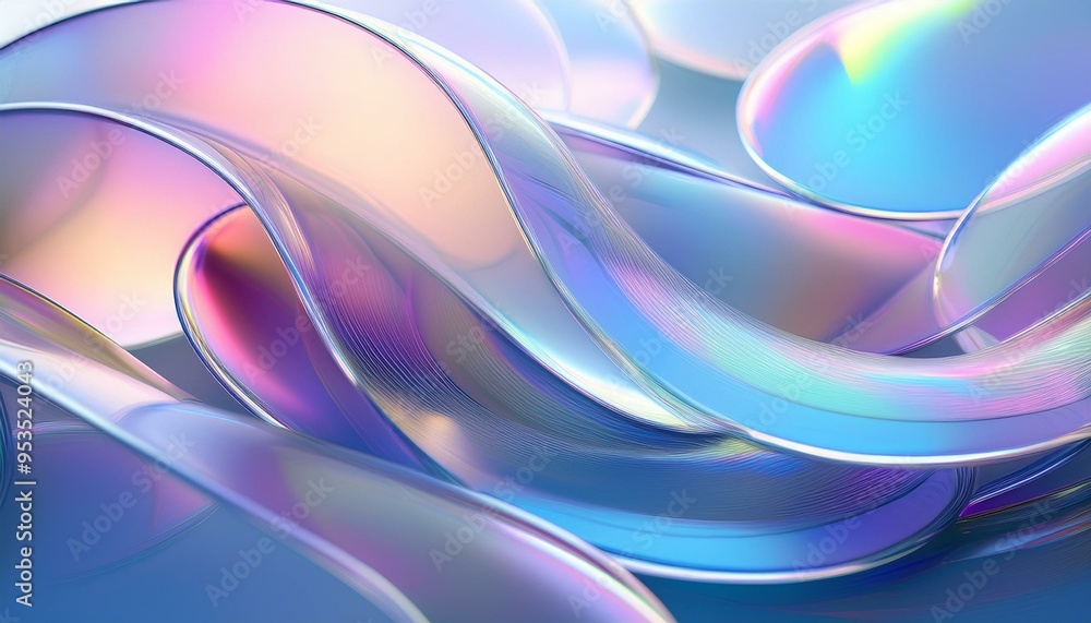 Poster 3d render abstract light blue curve frosted glass pattern with a gradient color on blue background. 