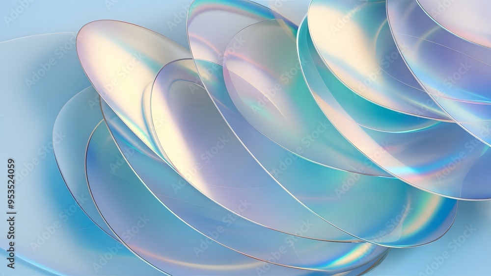 Poster 3d render abstract light blue curve frosted glass pattern with a gradient color on blue background. 