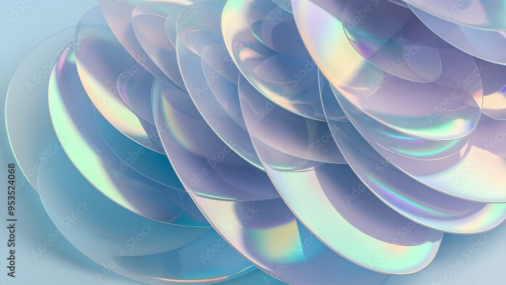 Poster 3d render abstract light blue curve frosted glass pattern with a gradient color on blue background. 
