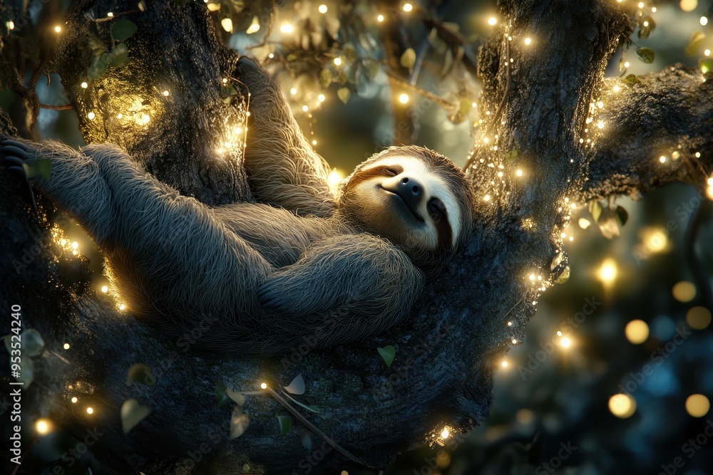 Poster a sloth hanging from a tree with lights around it