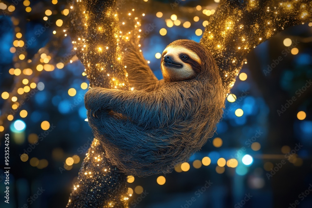 Poster a sloth hanging from a tree with lights around it