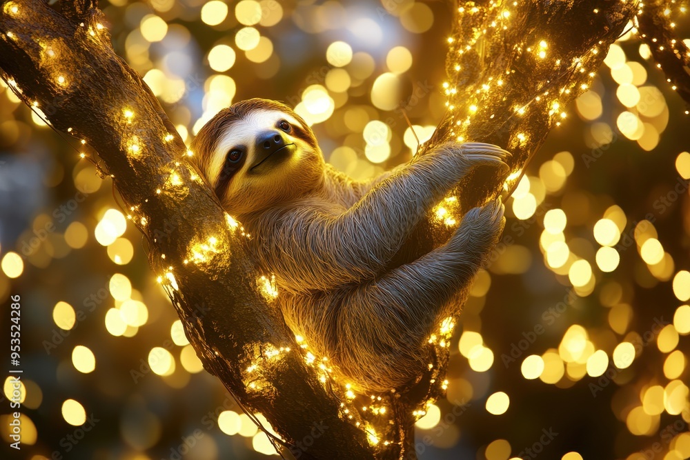 Poster A sloth hanging from a tree with lights around it