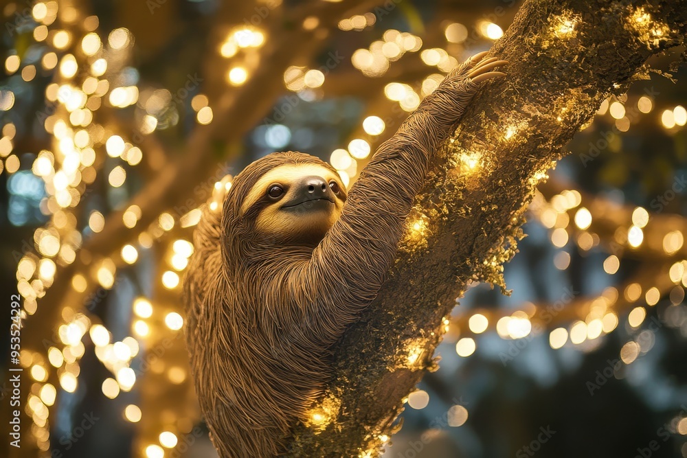 Poster a sloth hanging from a tree with lights around it