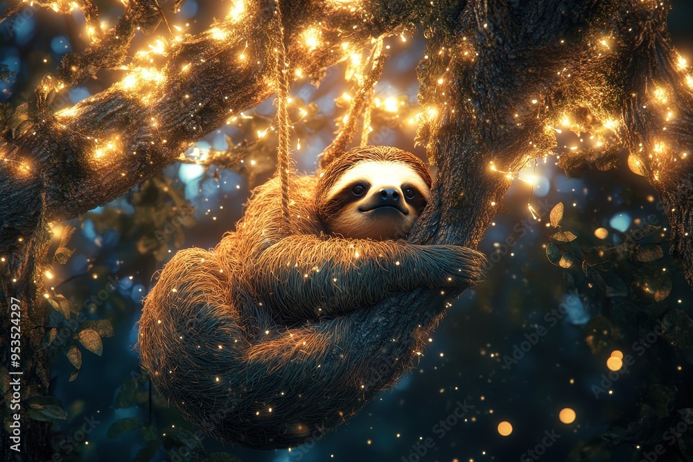 Poster A sloth hanging from a tree with lights around it