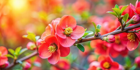 Obraz premium Macro shot of bright red spring flowering Japanese quince on blurred garden background , Japanese quince, Chaenomeles japonica