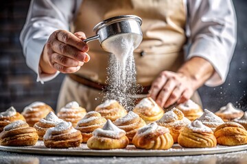 Baker Dusting Freshly Baked Pastry with Powdered Sugar. A close-up shot of a baker's hands dusting freshly baked pastries with powdered sugar in a professional kitchen setting.
