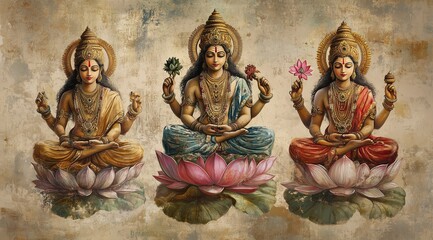 Three Hindu Goddesses Lakshmi, Saraswati, Parvati Sitting on Lotus Flowers
