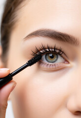 Close up portrait of a young woman applying mascara, make-up and cosmetics illustration.