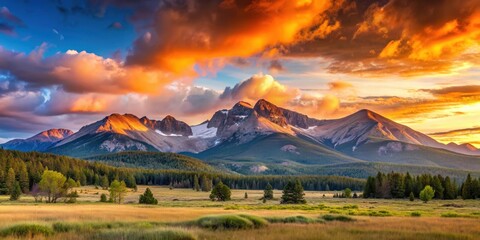 Panoramic view of a sunrise over Long's Peak Mountain in Colorado's Front Range, Colorado, Front Range
