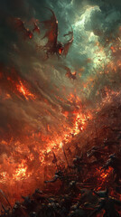 A fiery inferno engulfs the battlefield as demonic creatures clash in a desperate struggle for dominance. The sky above, a canvas of swirling smoke and fire, witnesses the chaos unfold.