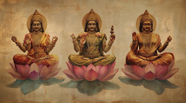 Sacred hindu artwork lakshmi saraswati parvati seated together divine feminine energy imagery goddesses oil painting classical art ancient India lotus