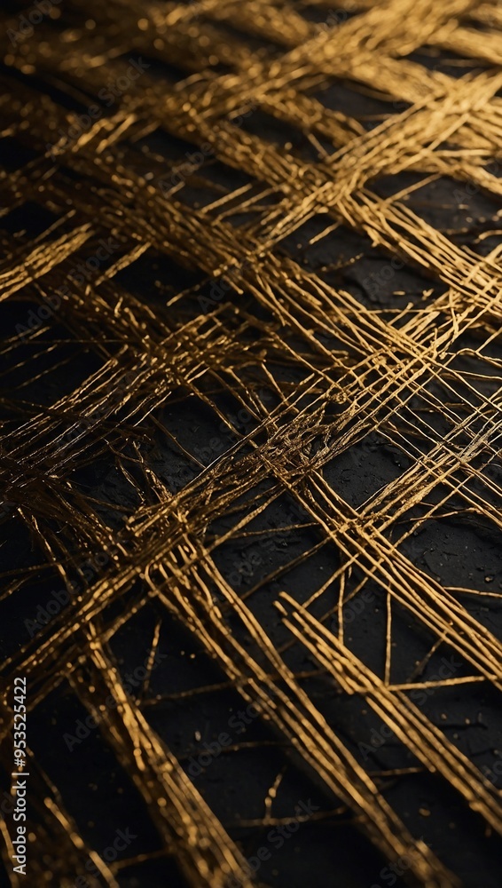 Poster a gold and black textured pattern with intersecting lines and a gradient of light reflecting on it.