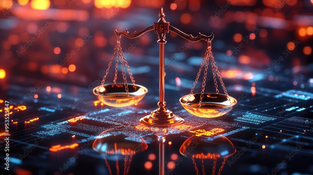 Poster glossy scales surrounded by digital data, creating a modern visual of balance and fairness in a tech