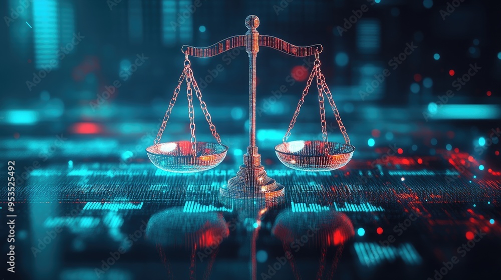 Poster glossy scales surrounded by digital data, creating a modern visual of balance and fairness in a tech