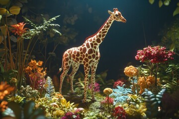 Fototapeta premium A giraffe is standing in a field of flowers