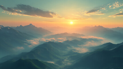 Obraz premium A breathtaking sunrise over a misty mountain range, casting golden light across the peaks and valleys under a vibrant morning sky.