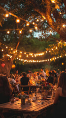 Naklejka premium A warm summer evening, illuminated by twinkling lights, as friends gather for a joyful outdoor party. Laughter fills the air, creating a sense of togetherness and celebration.