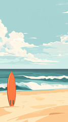 A Single Surfboard Stands Tall on a Tranquil Beach,  Awaiting the Perfect Wave and a Day of Sun-Kissed Fun.