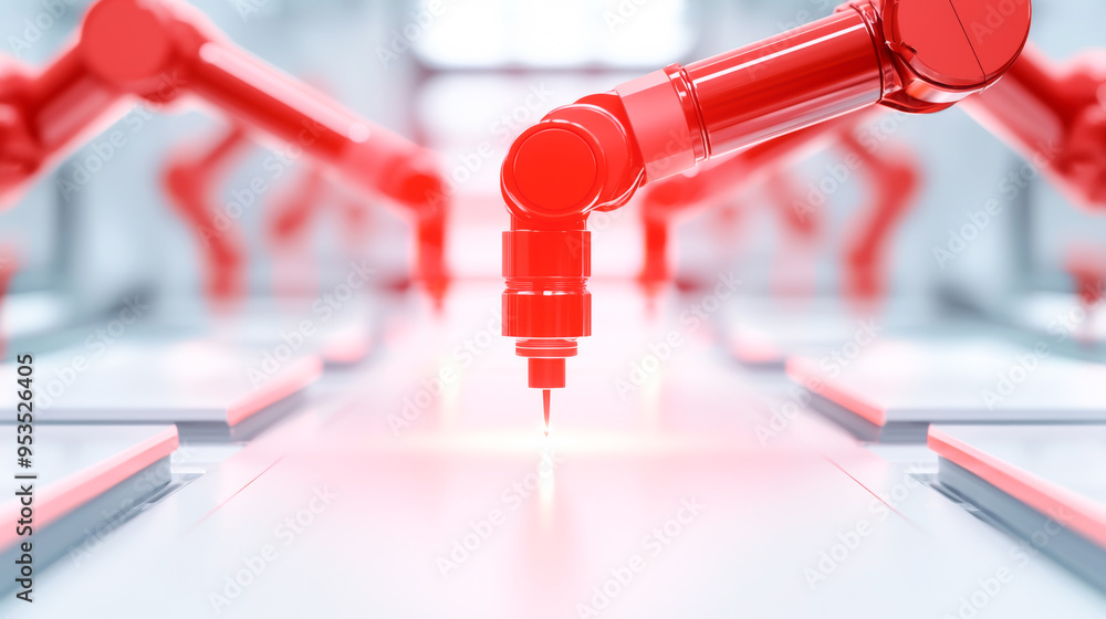 Poster close-up of a robotic arm with a laser, showcasing advanced technology in manufacturing and automati
