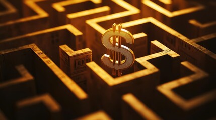 Golden dollar sign in the center of a complex maze, representing financial success amidst economic challenges