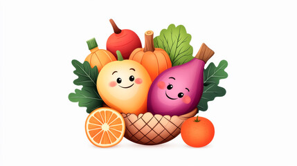 Colorful and cheerful cartoon fruits and vegetables in a basket, perfect for autumn themes and children's content.