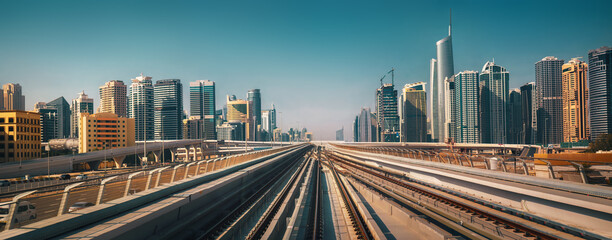 Panoramic vanishing point perspective on the rails of the metro in Dubai, with the skyline spread...