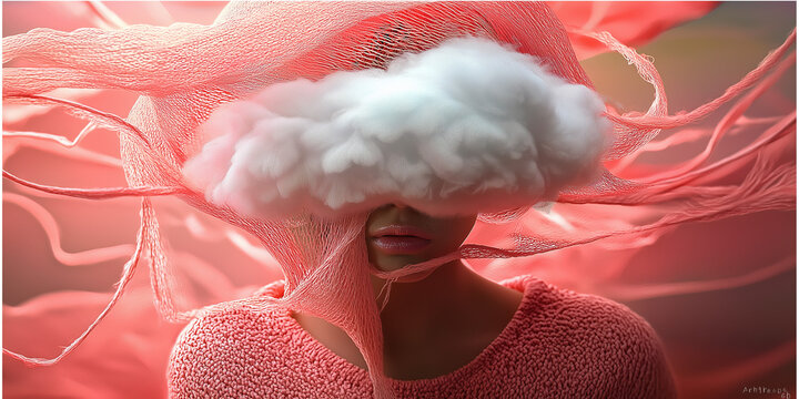 A retro, vintage abstract collage featuring a faceless woman with a large, soft white cloud replacing her head. The question, "What’s on your mind?" is implied. Set against a pastel pink background.