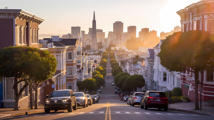 Obraz premium Sunset over a street, with cars lining the road, capturing the city's vibrant evening atmosphere.