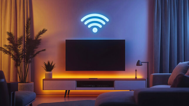 Smart TV with Wi Fi connection, enabling wireless internet access for video streaming and digital media. Modern device integrates broadcast into home entertainment systems with application