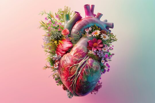 Colorful heart surrounded by vibrant flowers and greenery on a soft gradient background