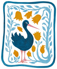 illustration of emerald bird stands surrounded by floral ornament of orange flowers and greenish-blue leaves on white background