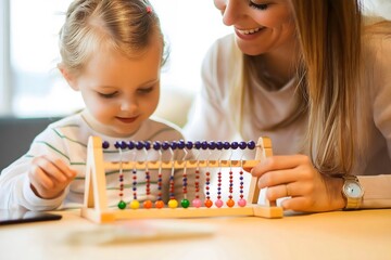 With the help of teaching aids, an instructor guides a young girl through challenging arithmetic problems, ensuring a better grasp of math in class.