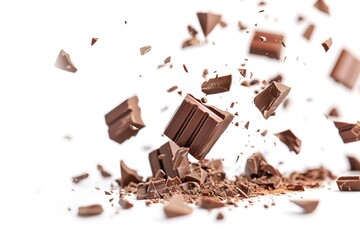 Fototapeta premium Milk chocolate pieces falling on white background