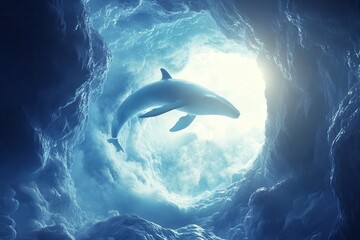 Naklejka premium A whale is swimming in a blue ocean with a cloudy sky in the background