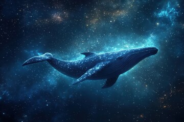 A whale is flying through the sky with stars in the background