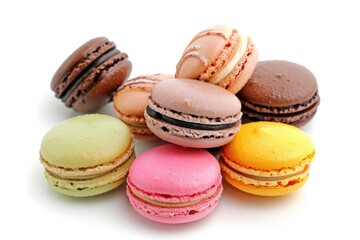 Colorful French macarons on white background. Sweet dessert.