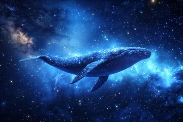 A whale is flying through the sky with stars in the background