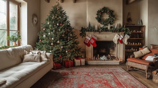  A cozy living room with a modestly decorated Christmas tree.